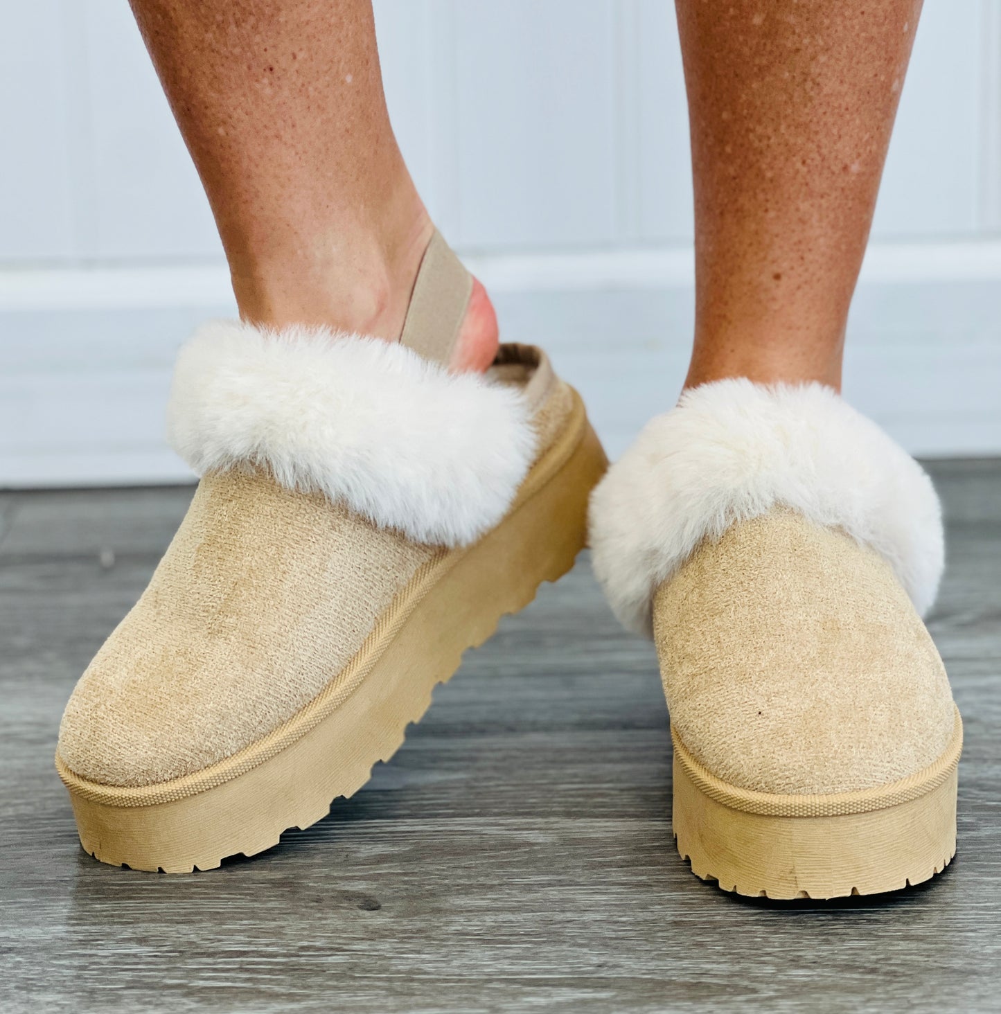 Beige Slingback Faux Fur Platform Booties