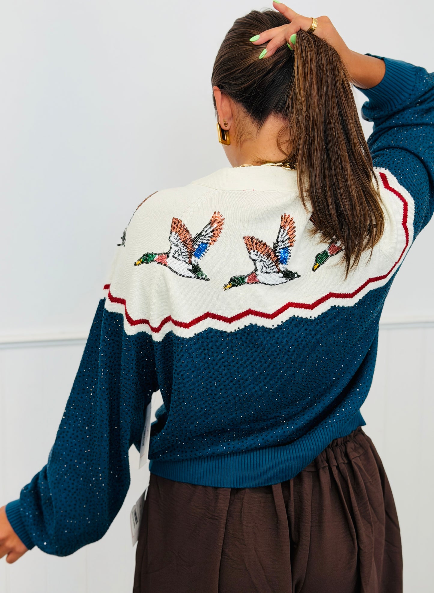 Queen Of Sparkles Blue & Ivory Colorblock Duck Rhinestone Cardigan (Reg. and Plus)