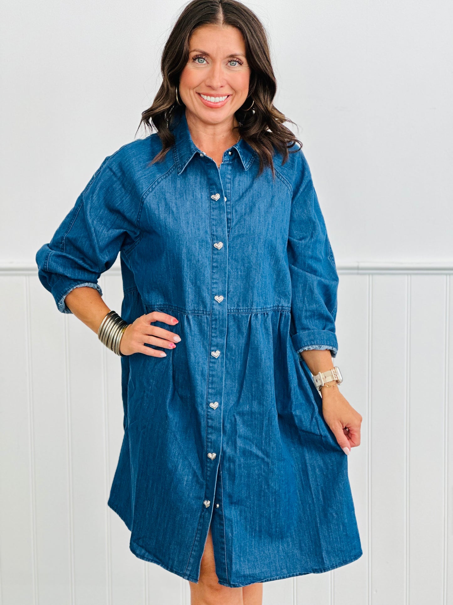 Denim Button Down Heart Mini Dress (Reg. & Plus)