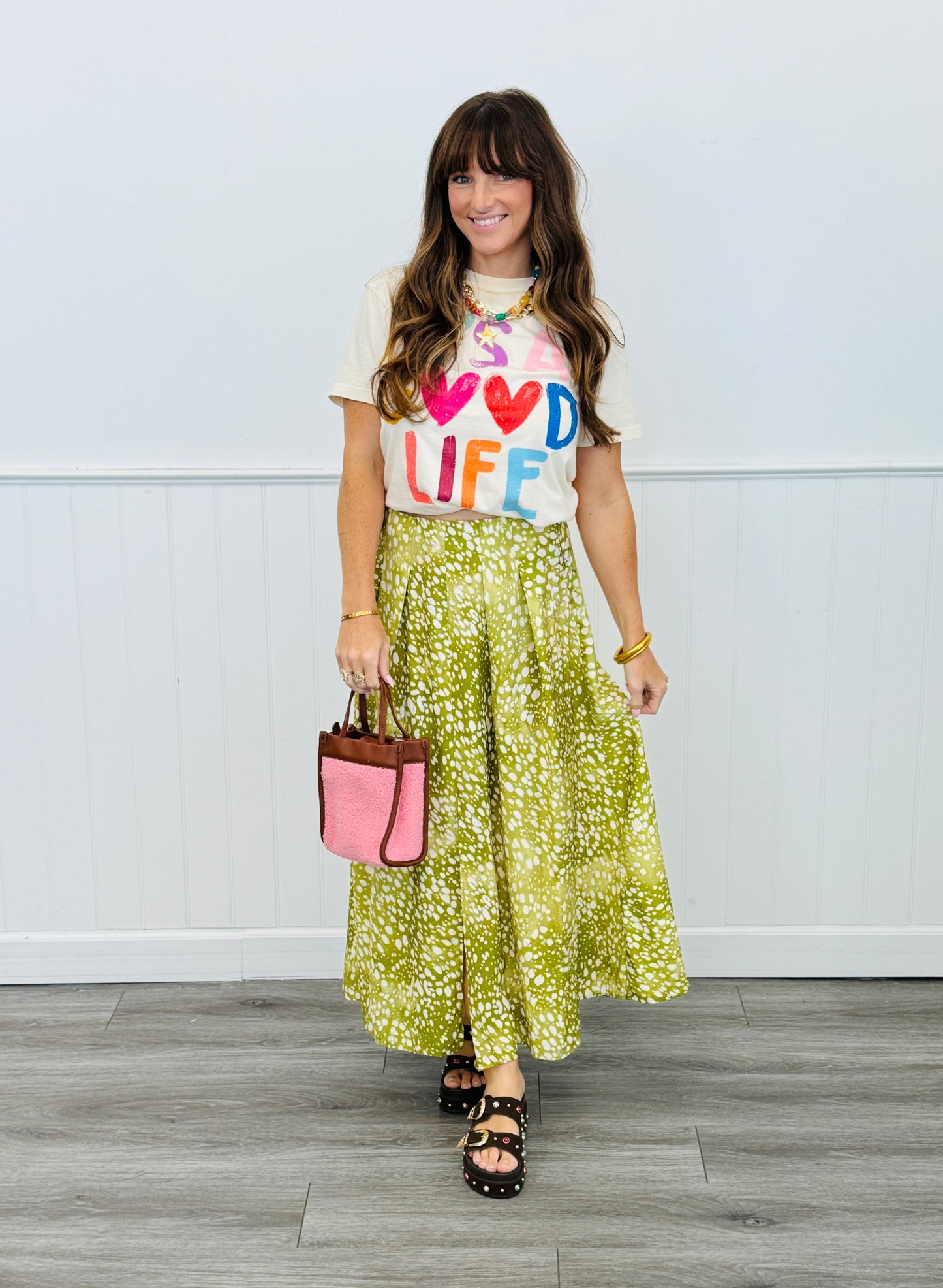 Green Deer Print Front Slit Midi Skirt (Reg.)