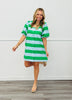 Green Striped Square Neck Button Down Mini Dress (Reg & Plus)