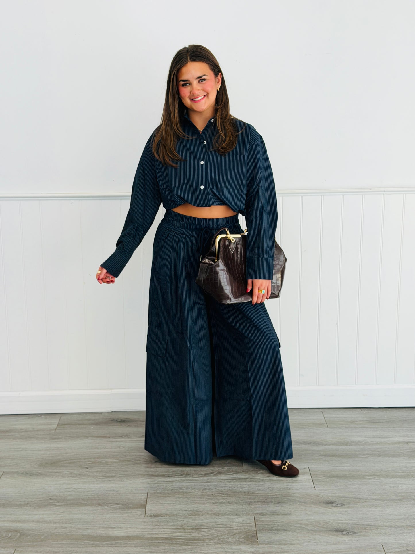 Navy Pinstripe Wide Leg Cargo Pants (Reg & Plus)