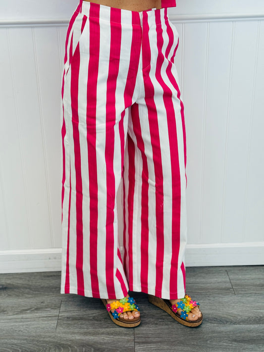 White/Fuchsia Bold Stripe Wide Leg Pants (Reg)