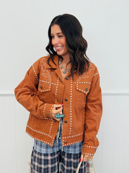 Clay Brown Denim Flower Studded Jacket (Reg.)