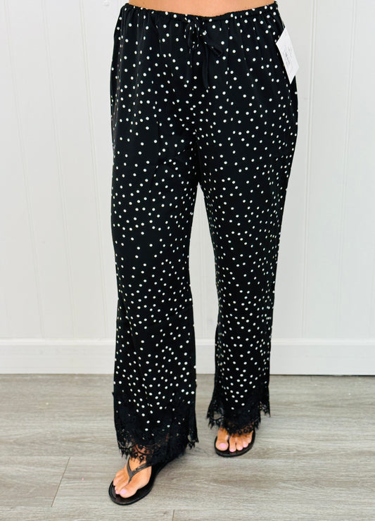 Black/White Polka Dot Lace Hem Pants (Reg.)