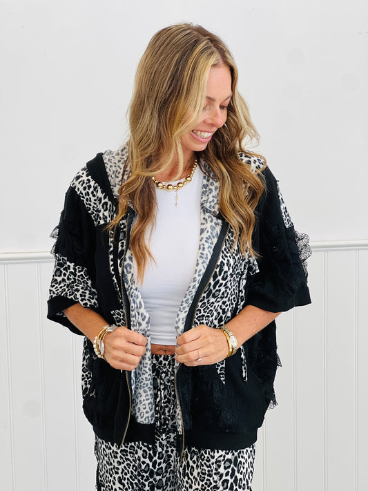 POL Black Cheetah Layered Crochet Lace Hoodie Top (Reg.)