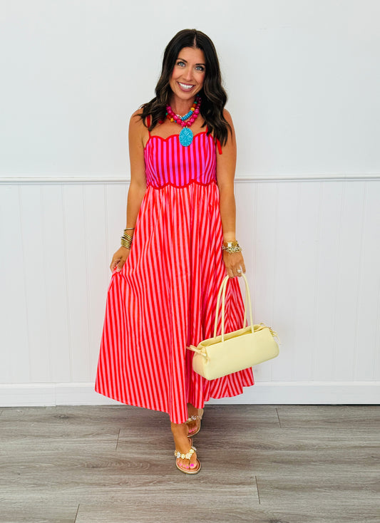 Red Pink Color Block Midi Dress (Reg.)