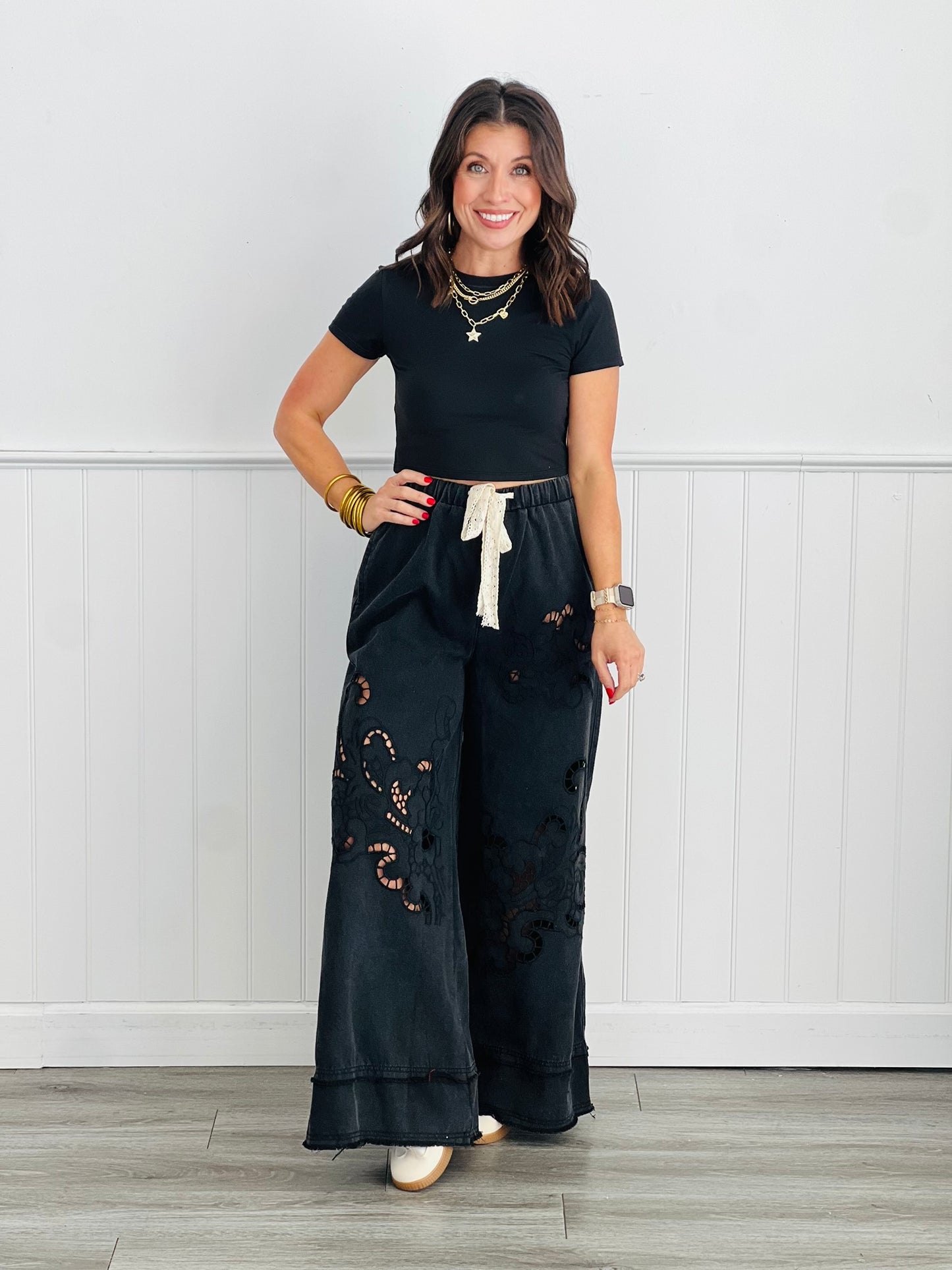 POL Black Twill Laser Cut Wide Leg Pants (Reg)