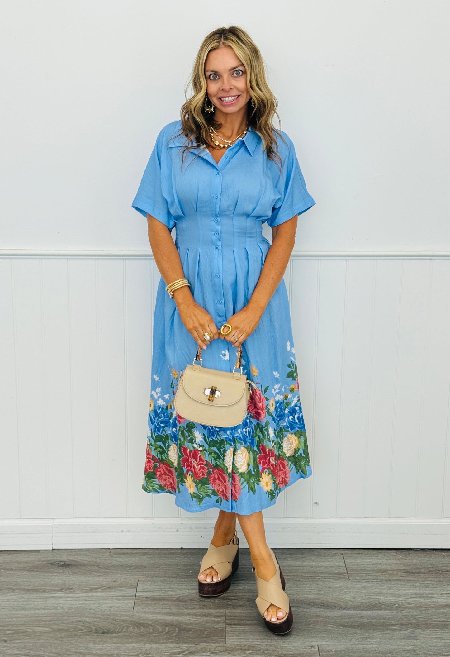 Blue Floral Border Print Midi Dress (Reg.)