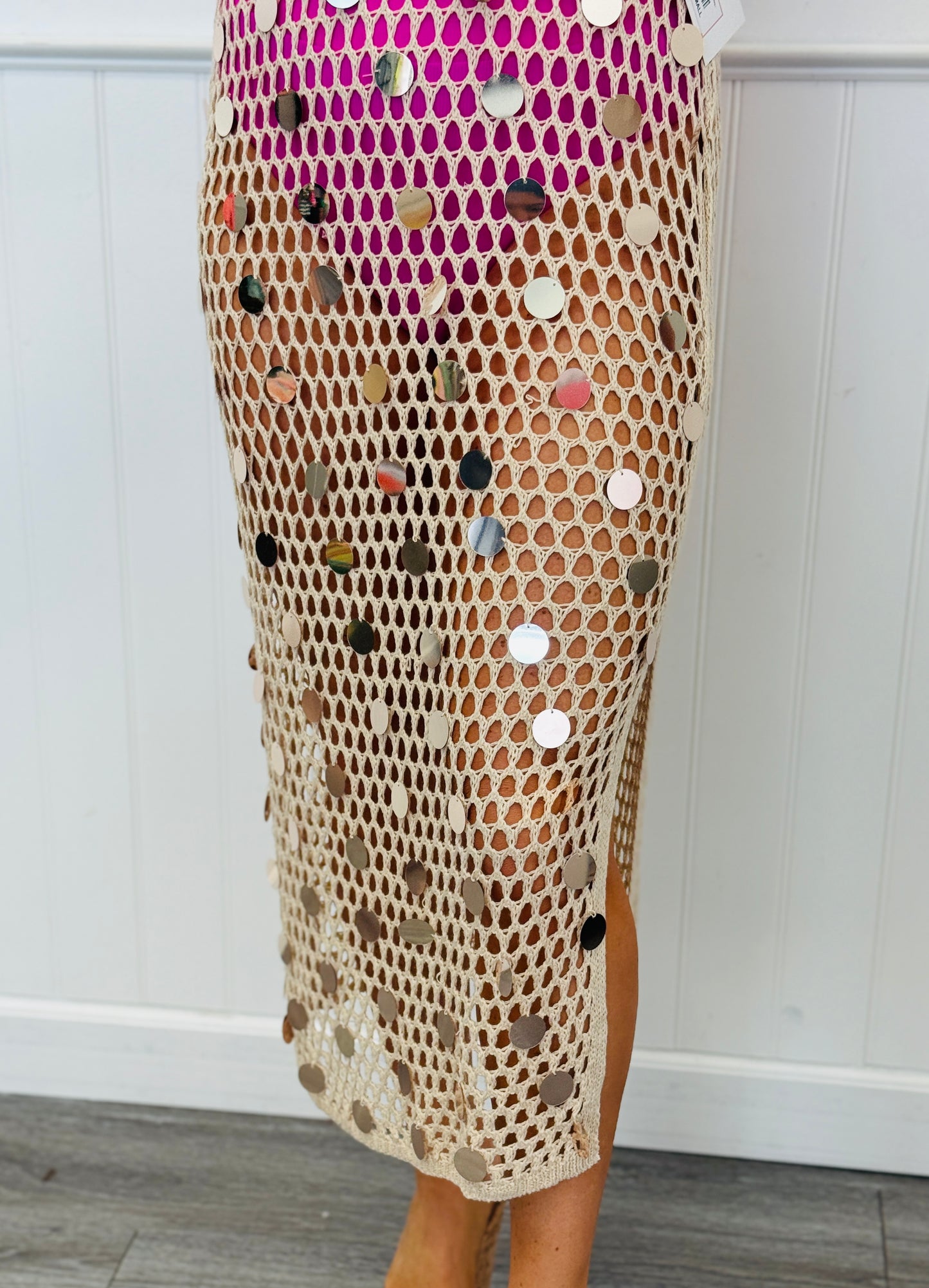 Beige Crochet Disc Sequin Maxi Dress (Reg.)