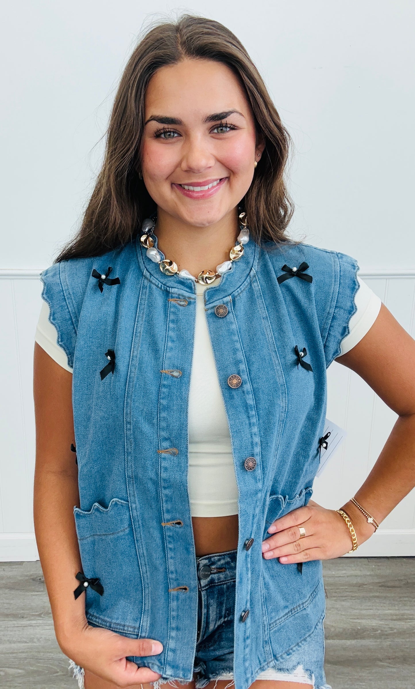 Washed Denim Scalloped & Bow Detailed Vest (Reg. and Plus)
