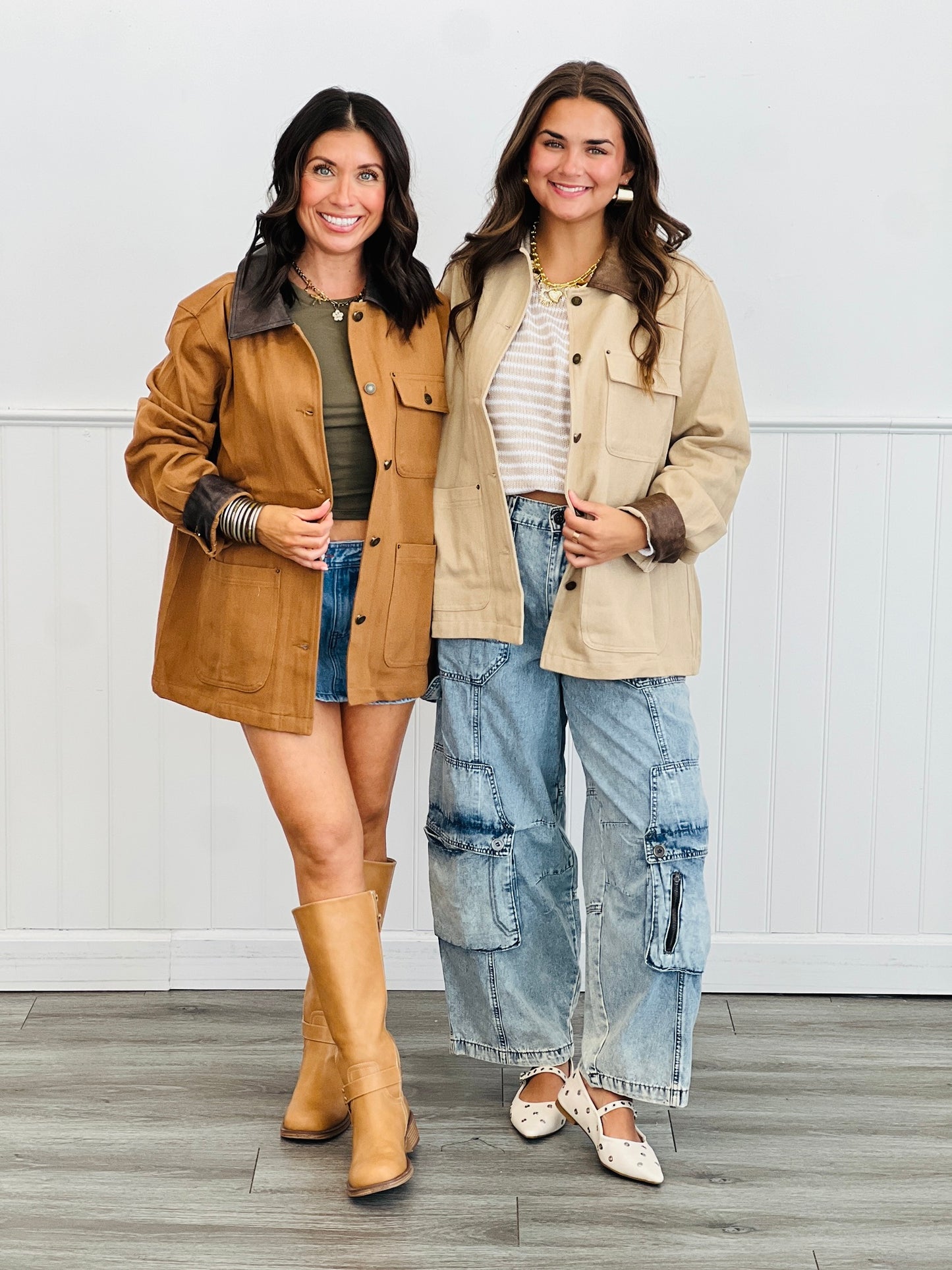 Contrast Faux Leather Denim Jacket (Reg.)-2 Colors