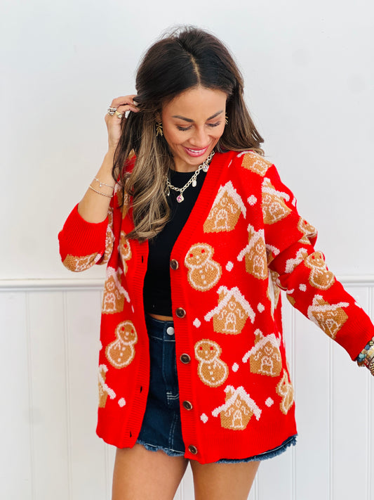 Red Gingerbread Man/Houses Button Up Cardigan (Reg. and Plus)