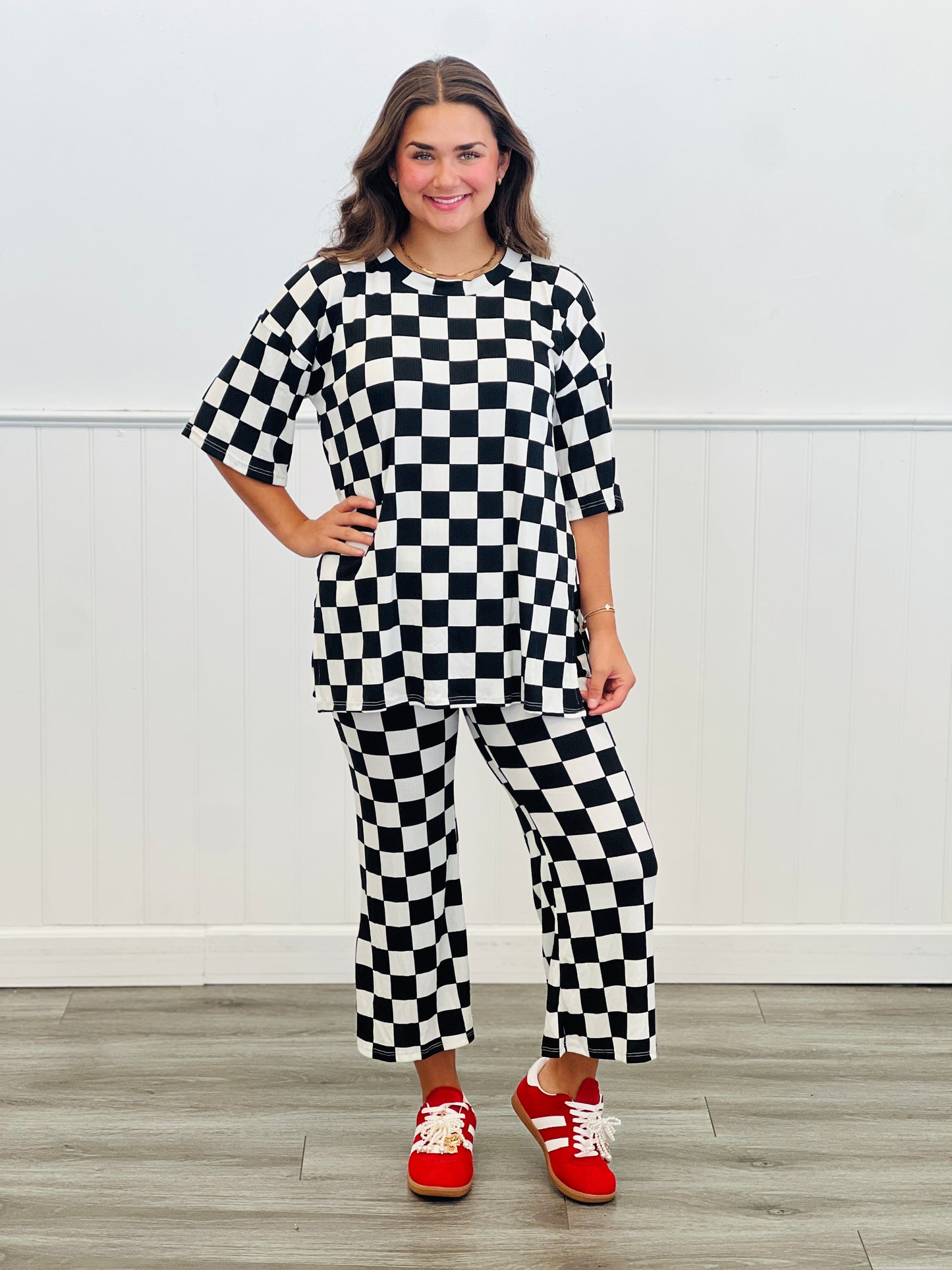 Checkered Print Top and Pants Set (Reg. and Plus)