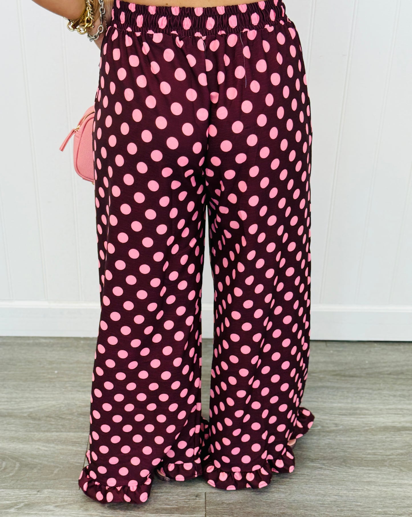 Burgundy/Pink Polka Dot Ruffle Hem Pants (Reg. and Plus)