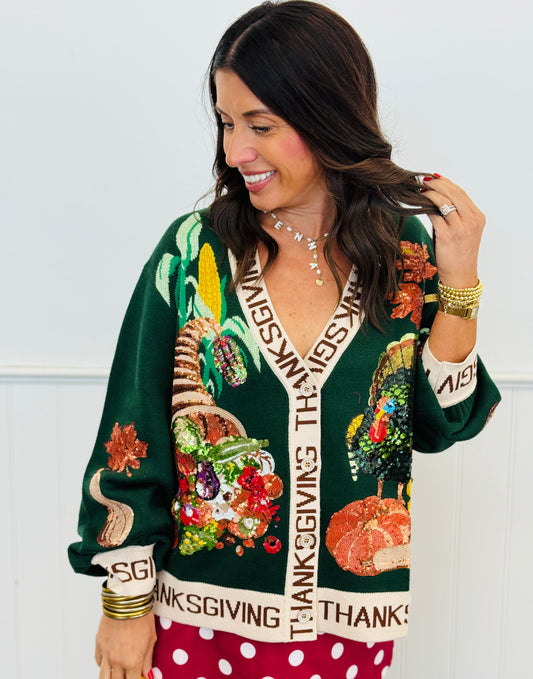 Queen Of Sparkles Dk Green Thanksgiving Cardigan (Reg. and Plus)