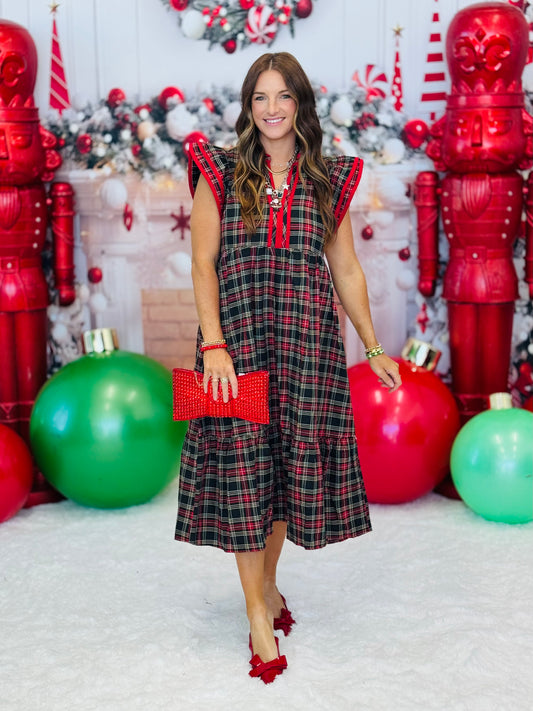 Black Plaid Flutter Sleeve Midi Dress (Reg & Plus)