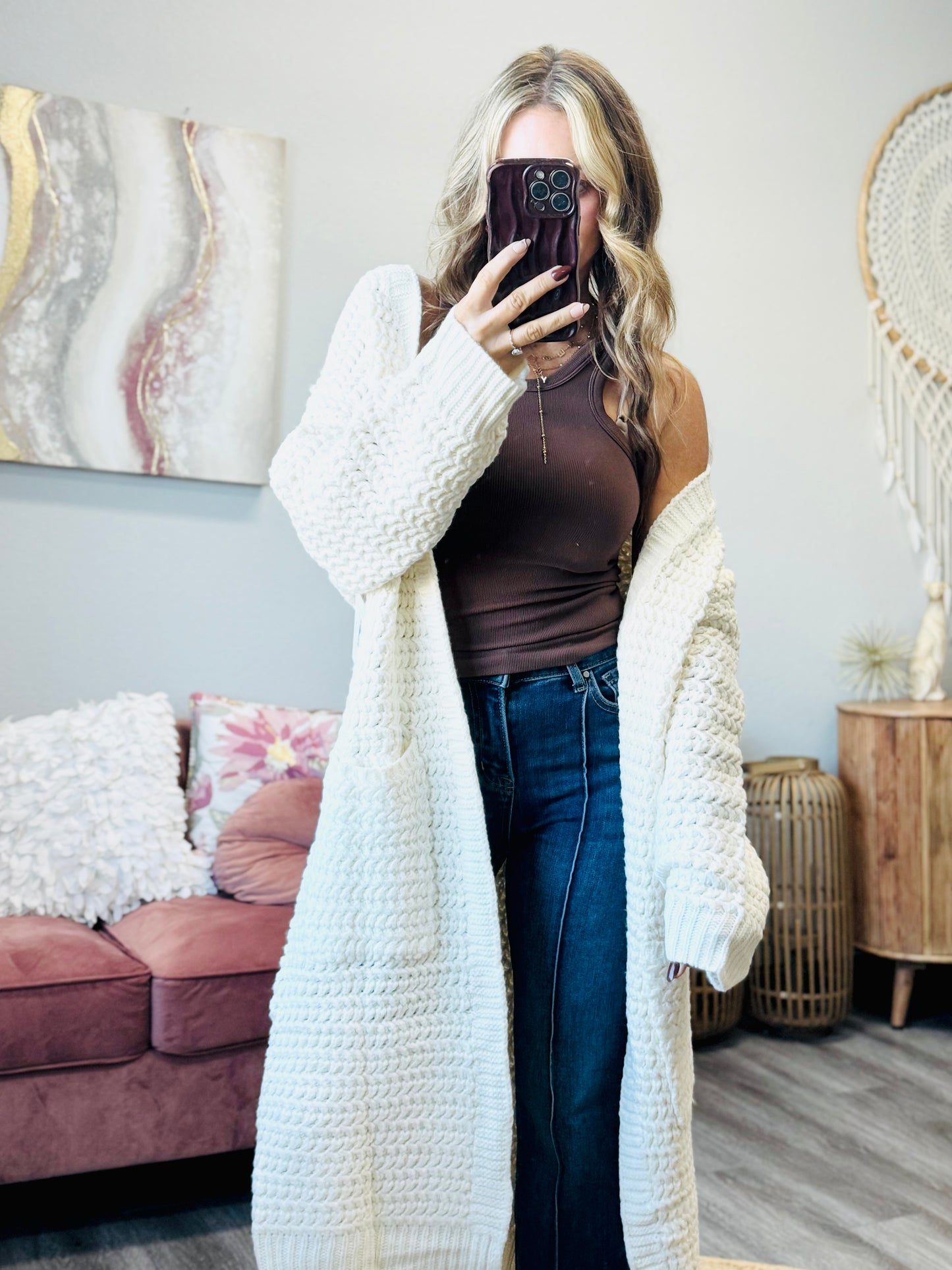 Cream Longline Waffle Knit Cardigan (Reg.)