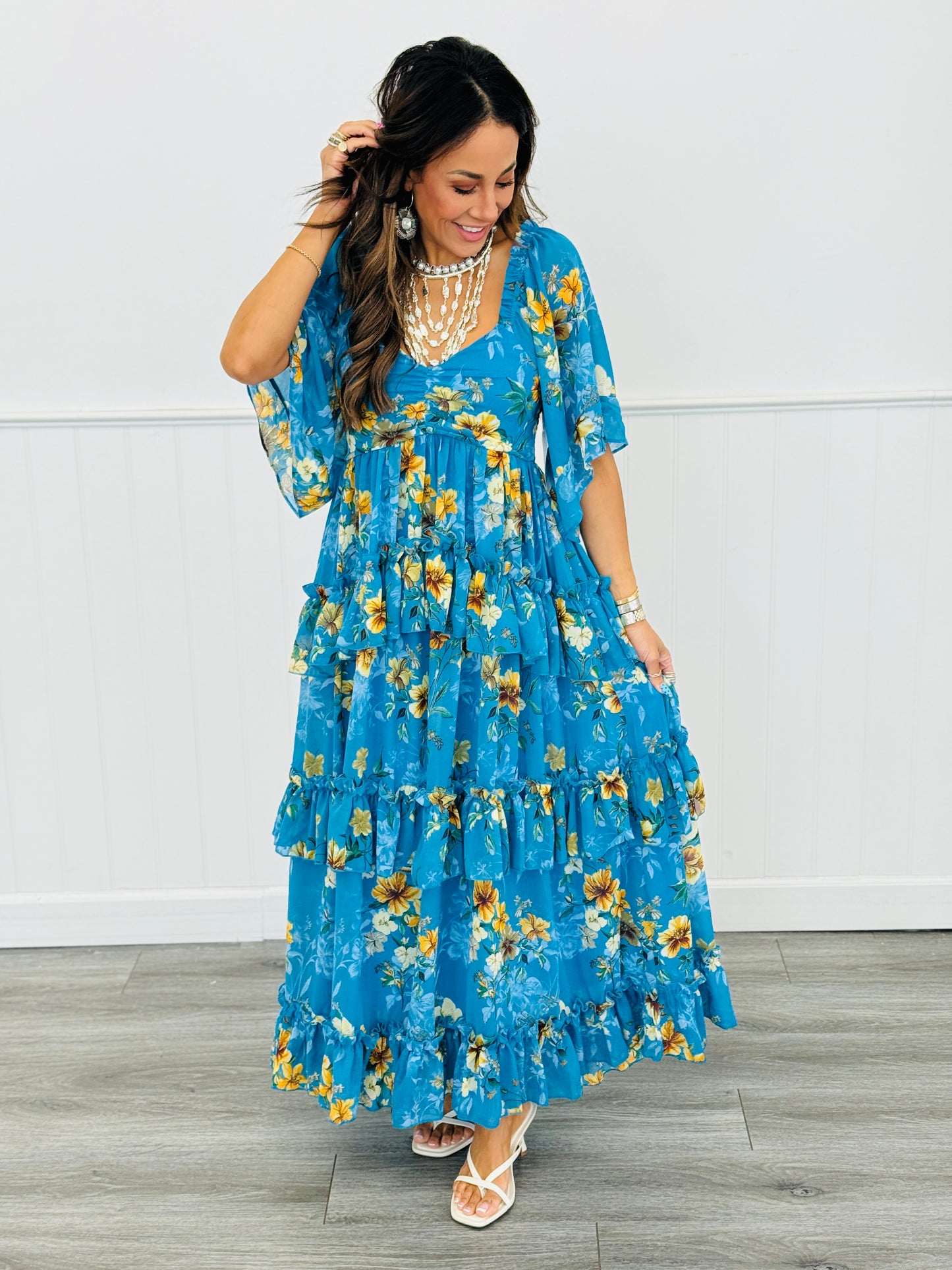 Jade Blue Floral Chiffon Maxi Dress (Reg & Plus)
