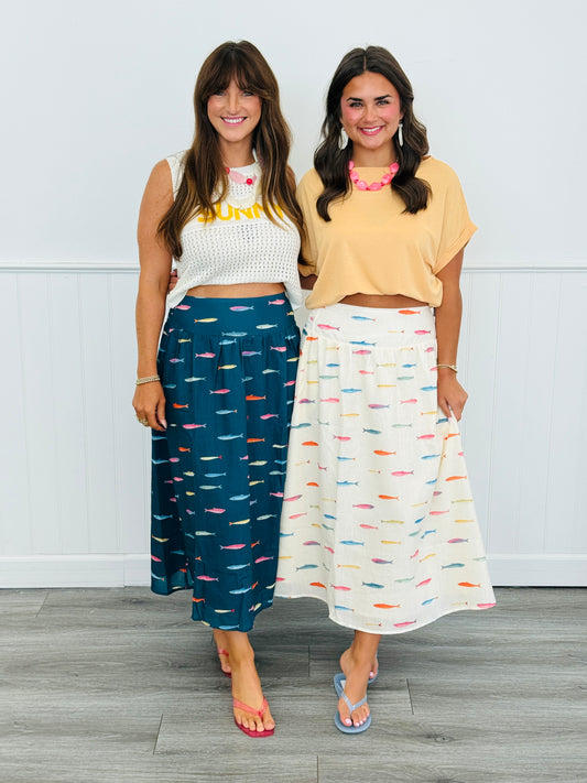 Fish Print Midi Skirt (Reg & Plus) - 2 Colors