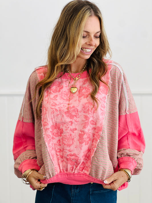 Oatmeal/Pink Roses & Stripes Sweatshirt (Reg.)