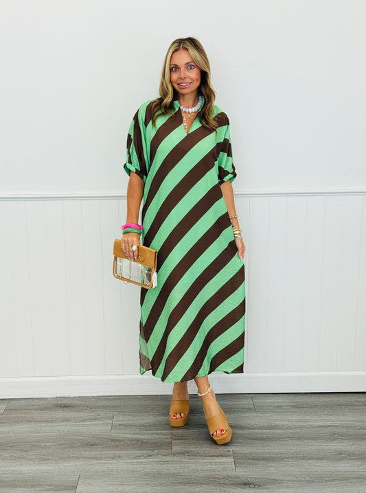 Green Tea Diagonal Stripe Midi Dress (Reg & Plus)