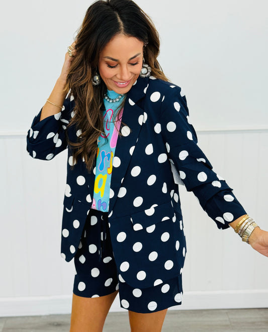 Navy/White Polka Dot Ruched Blazer (Reg & Plus)