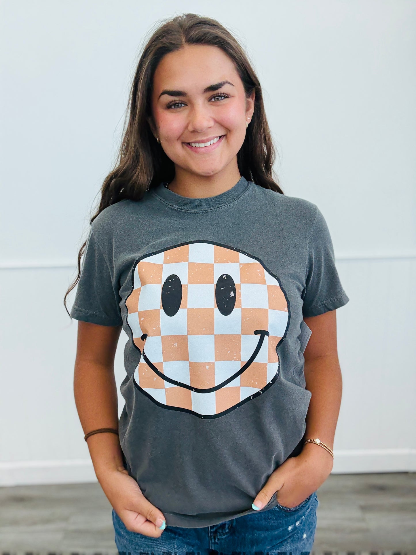 Taupe Checkered Happy Face Tee (Reg. and Plus)