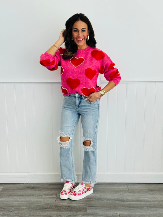 Pink Pearl Embellished Hearts Sweater Top (Reg.)