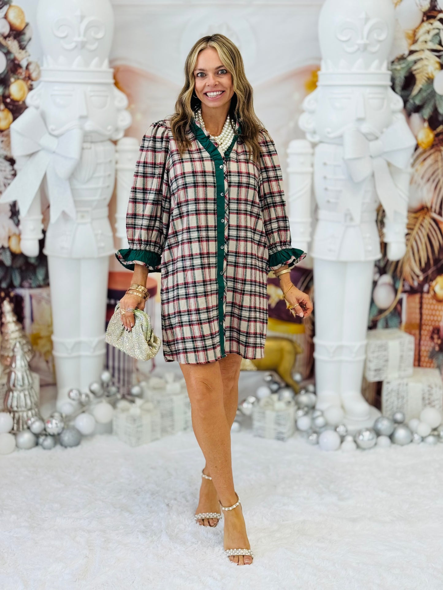 Taupe Plaid 3/4 Puff Sleeve Mini Shirt Dress (Reg.)