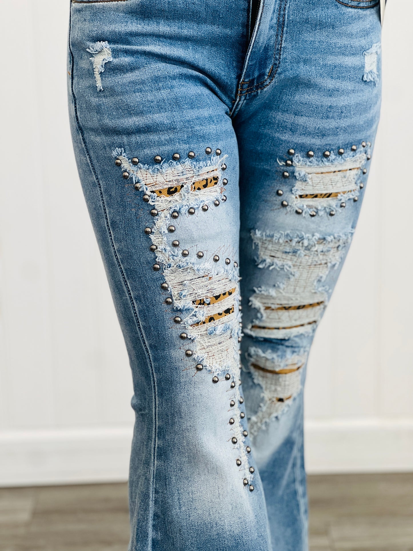 Oli & Hali Stud Distressed Flare Denim Jeans (Reg.)