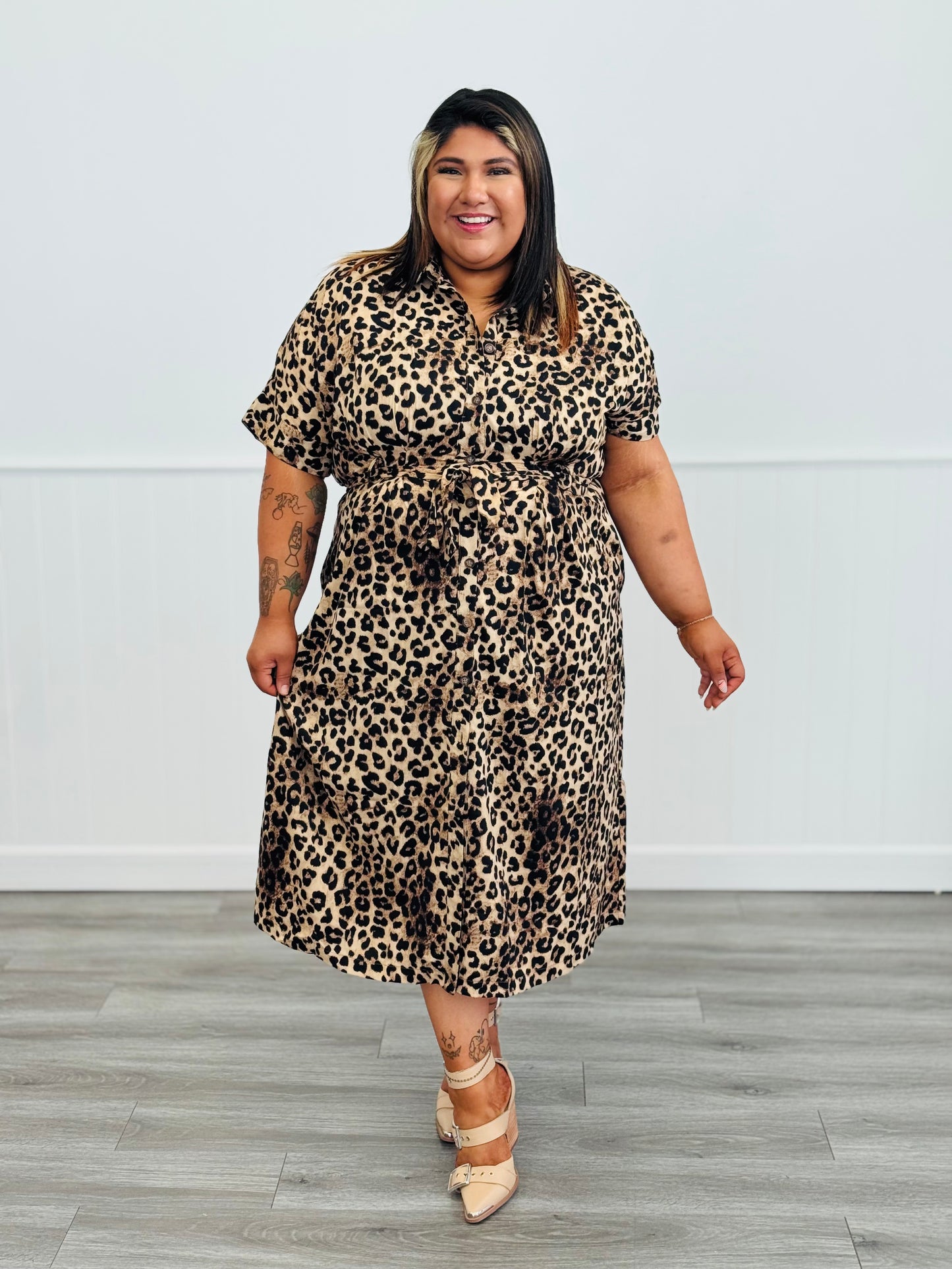 Brown Leopard Belted Shirt Dress (Reg & Plus)