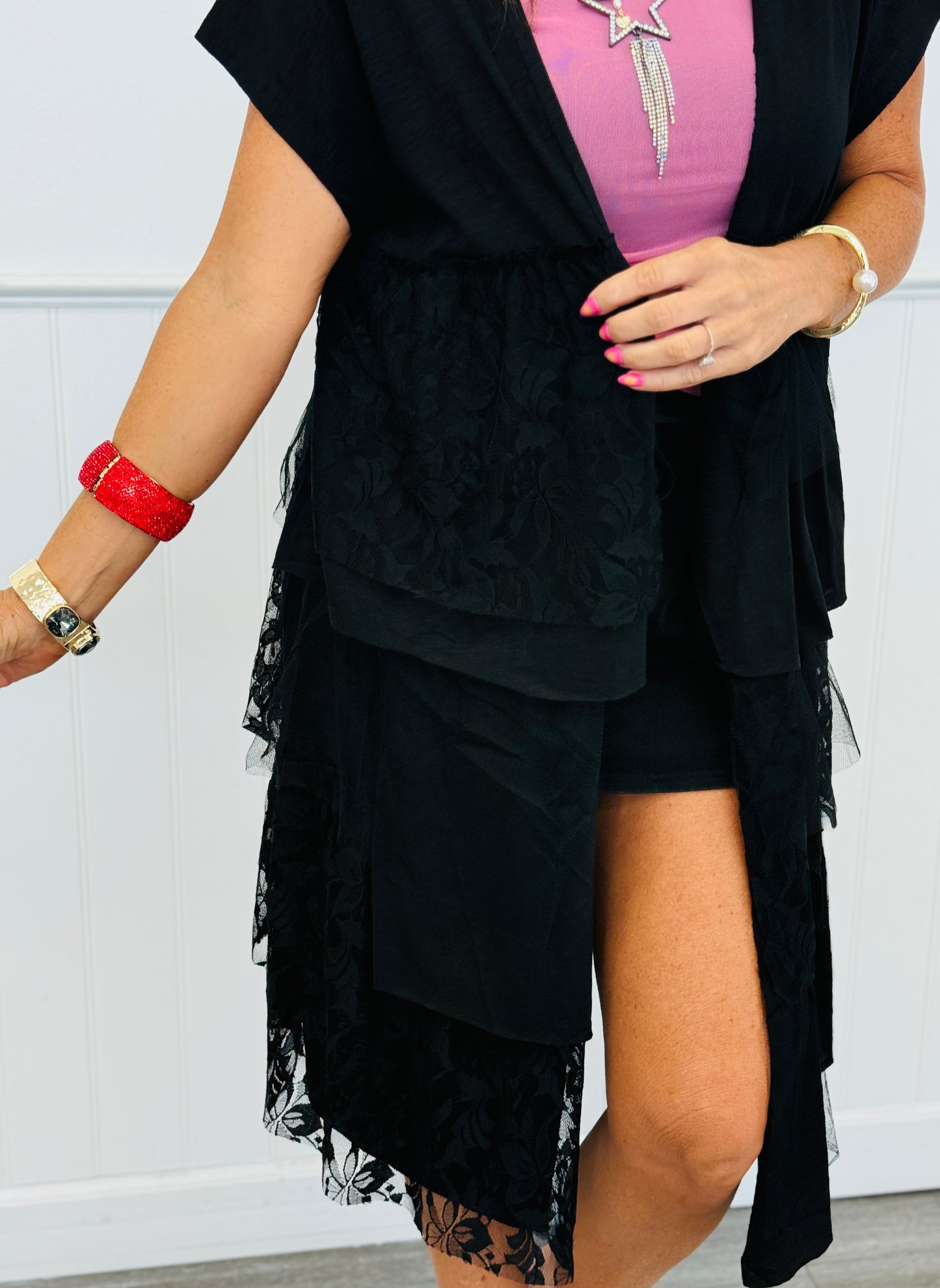 Black Lace Tiered Open Front Cardigan (Reg.)