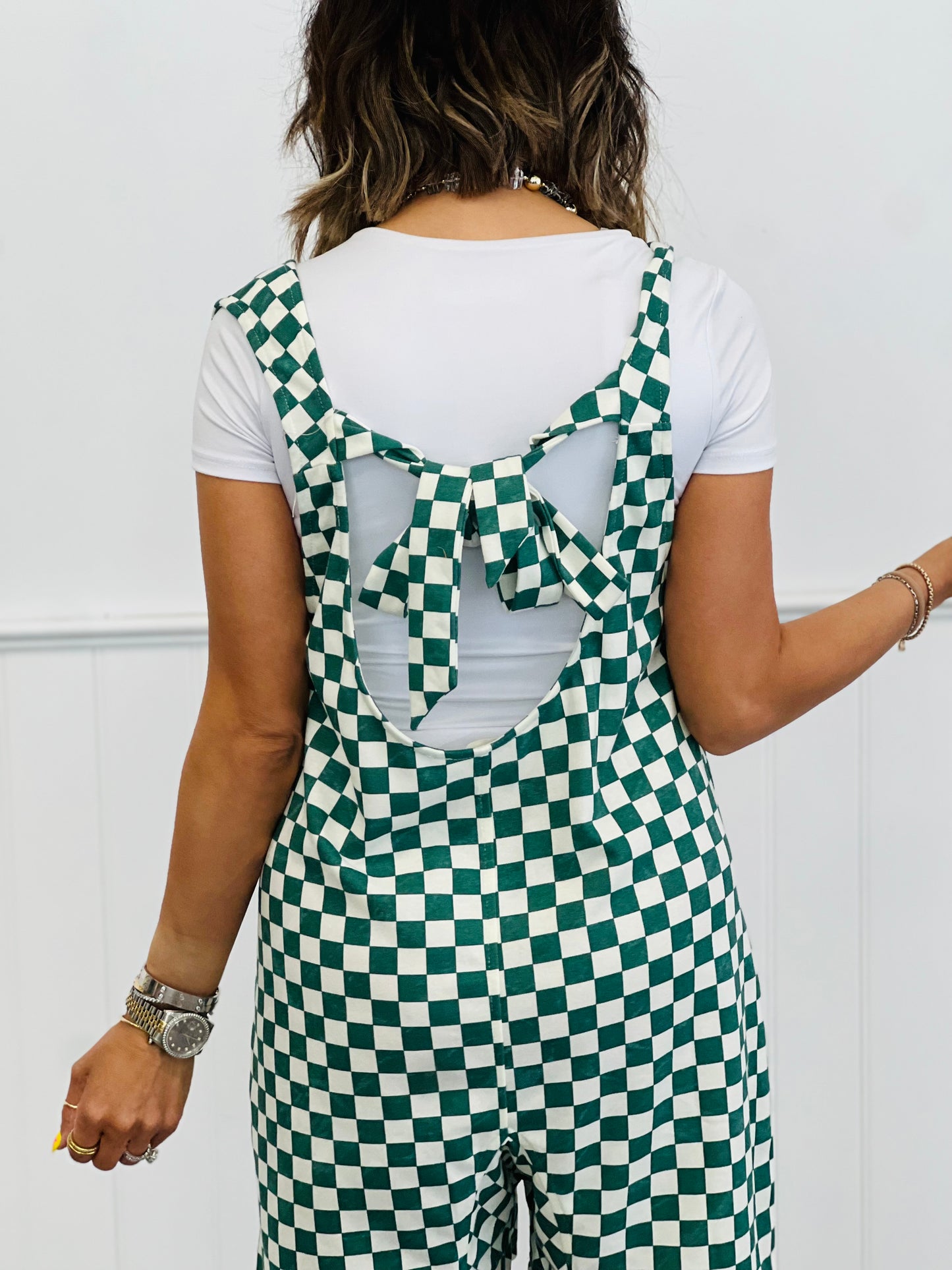 Checkered Self Tie Back Romper (Reg & Plus)-3 Colors