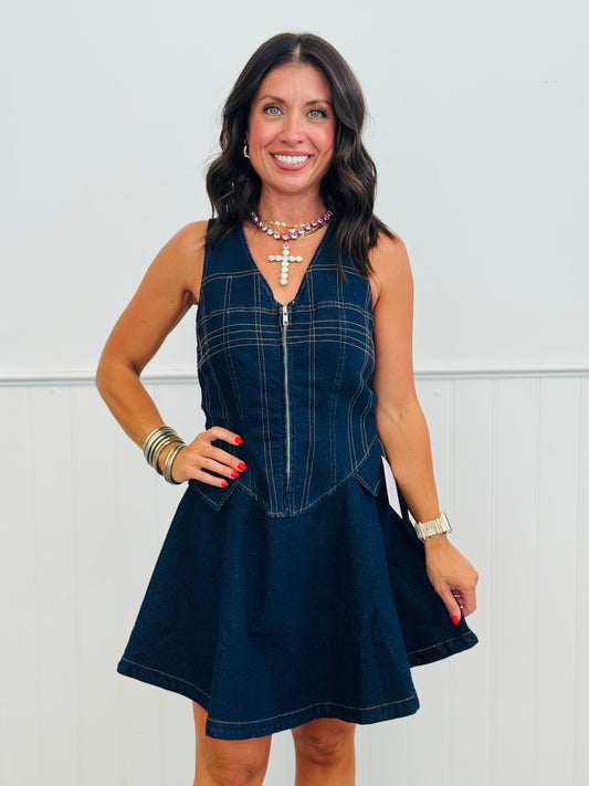 Dark Denim Zip Corset Mini Dress (Reg.)