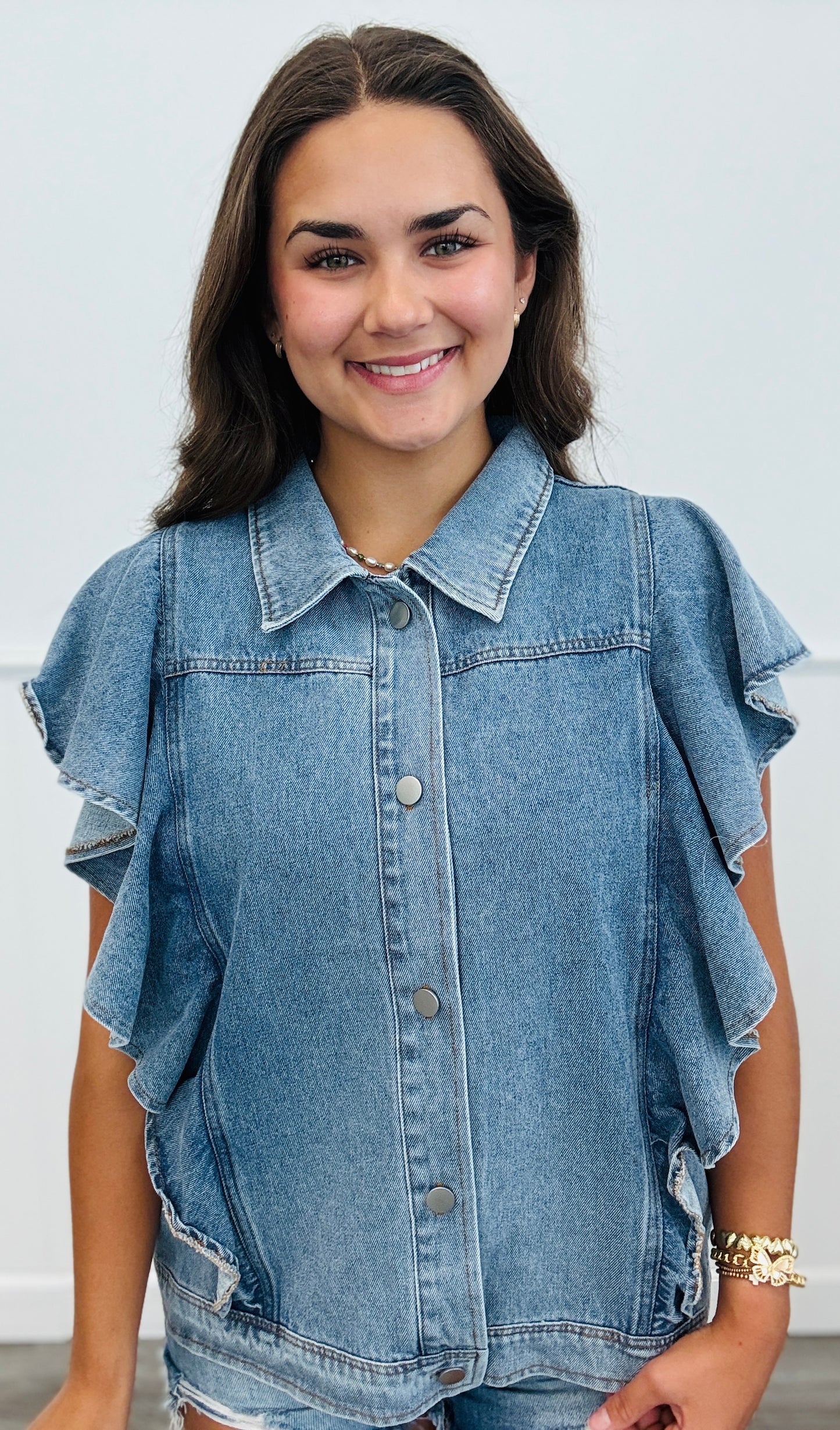 Denim Flutter Sleeve Blouse (Reg. & Plus)