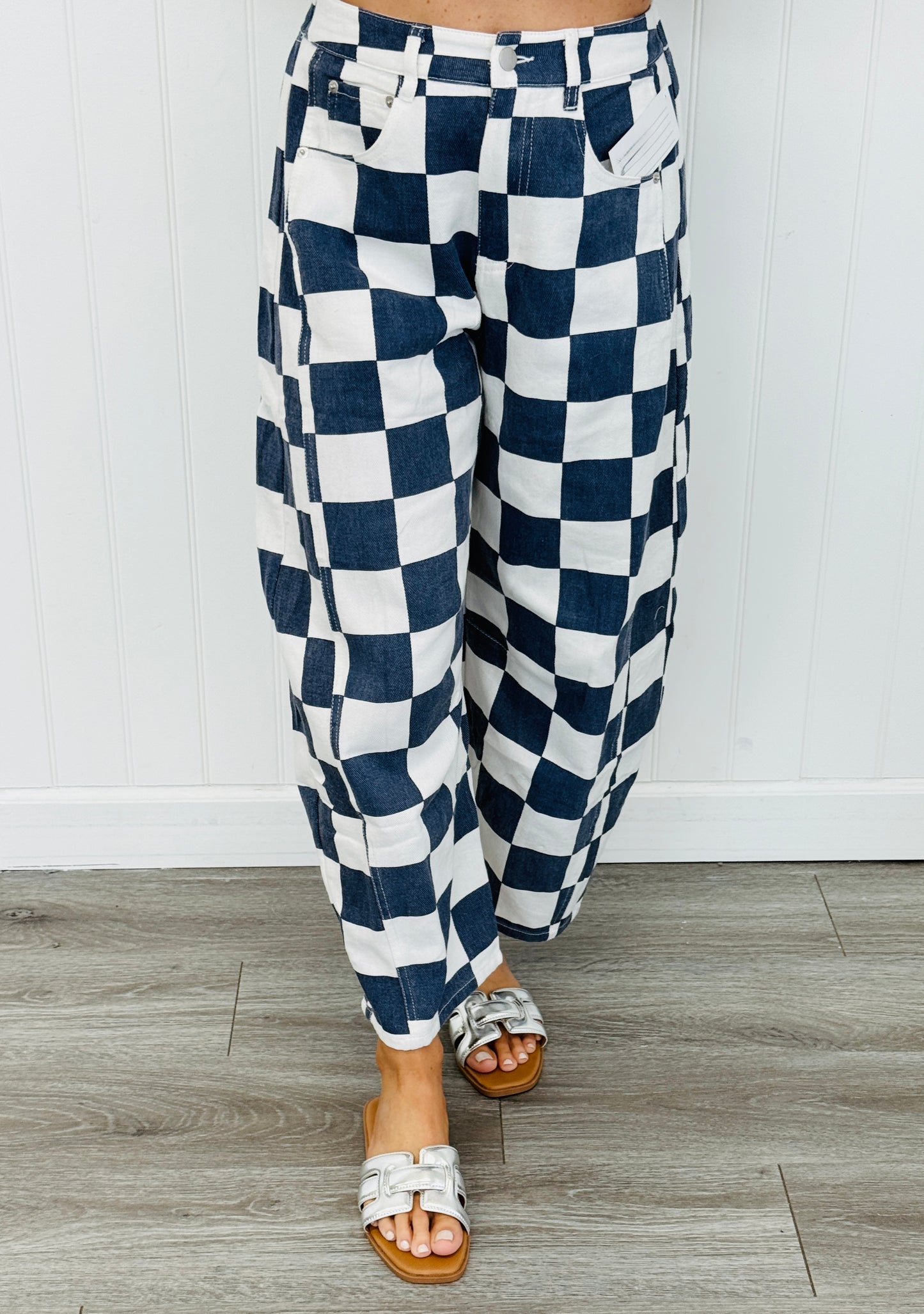Navy Checkered Print Barrel Pants (Reg. and Plus)
