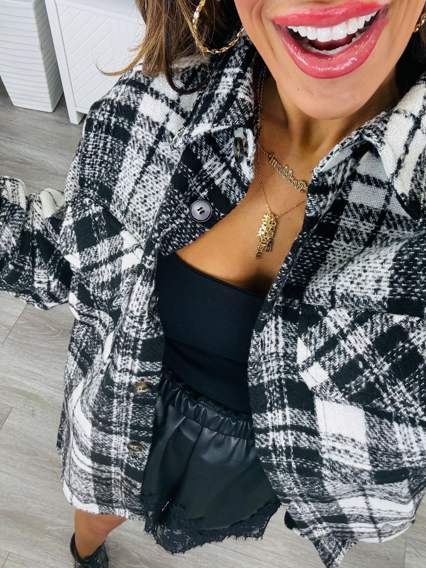 Black/Ivory Brushed Plaid Flannel Shacket (Reg.)