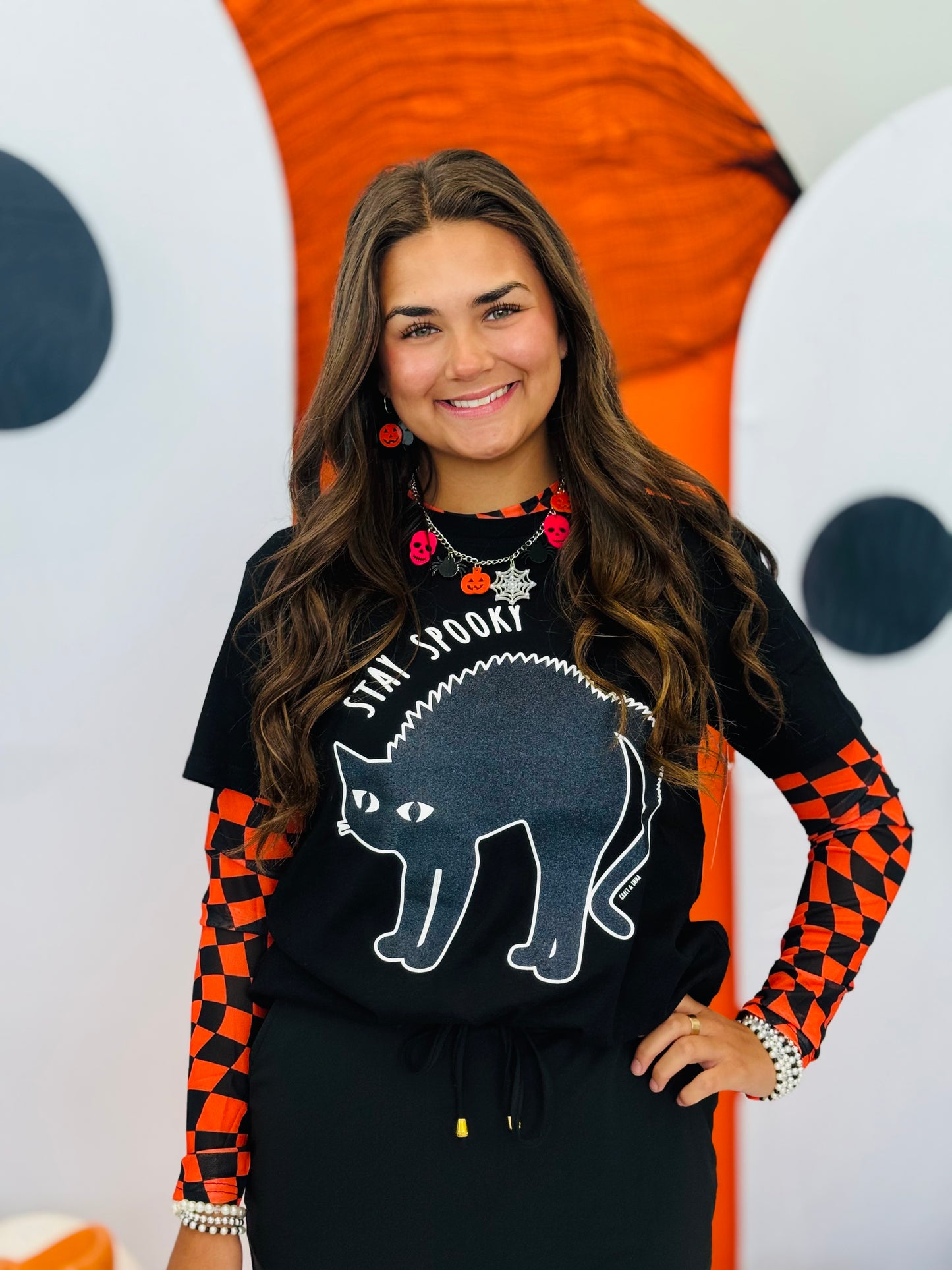 Orange/Black Checkered Mesh Long Sleeve Top (Reg. and Plus)