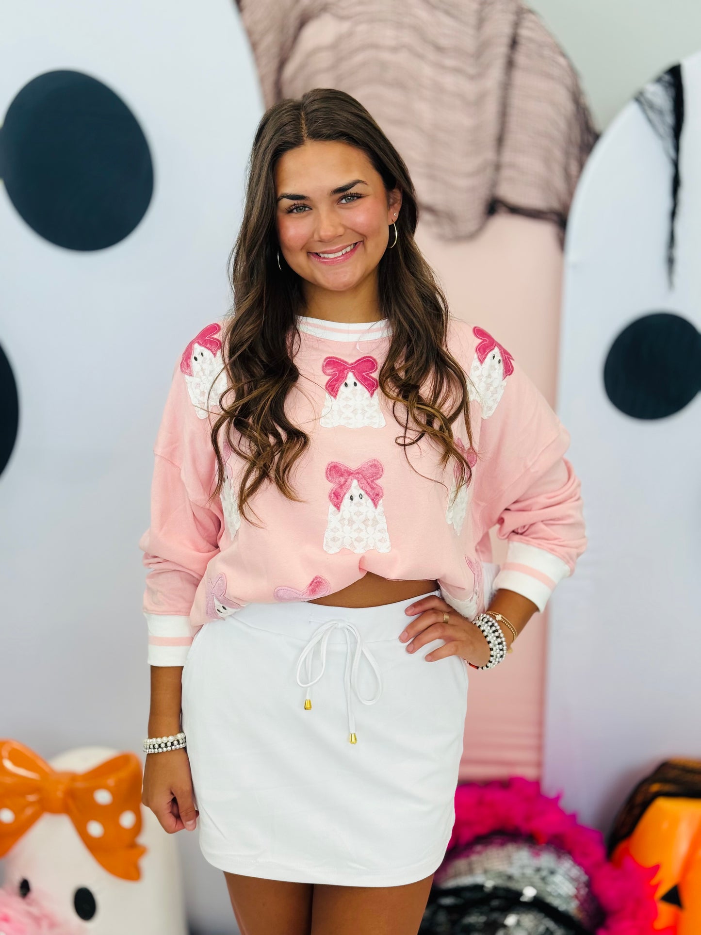 Pink Lace Ghost Velvet Bow Detailed Top (Reg.)