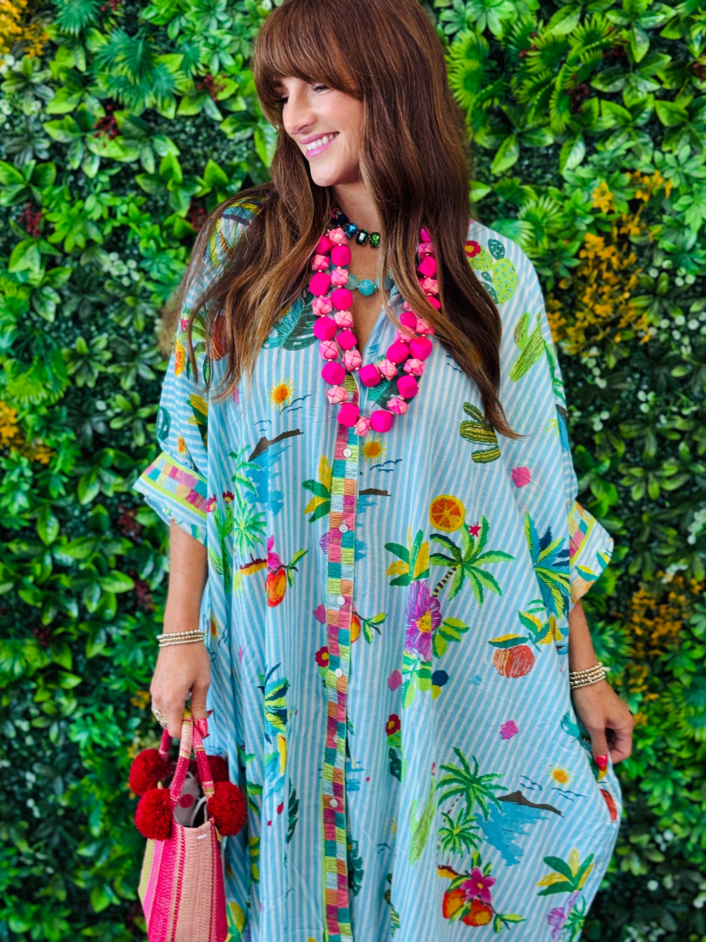 POL Aqua Multi Floral & Contrast Stripe Midi Dress (OS)