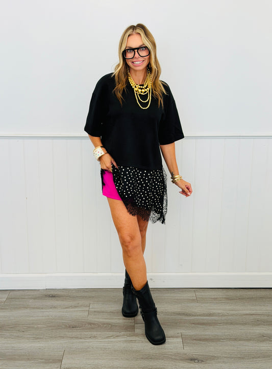 Black Polka Dot Lace Asymmetrical Blouse (Reg.)