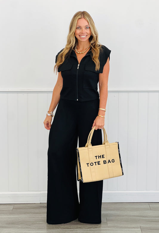 Black Sleeveless Zip Up Top & Pants Set (Reg.)