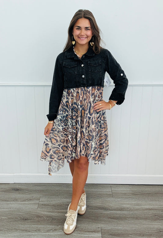 Black Denim Leopard Lace Layer Button Up Jacket (Reg. and Plus)