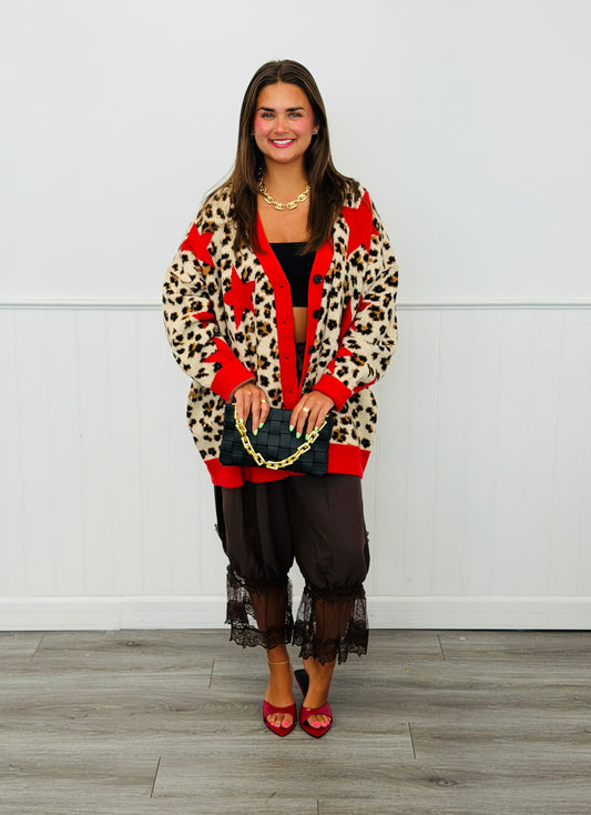 Red Leopard Star Sweater Cardigan (Reg & Plus)