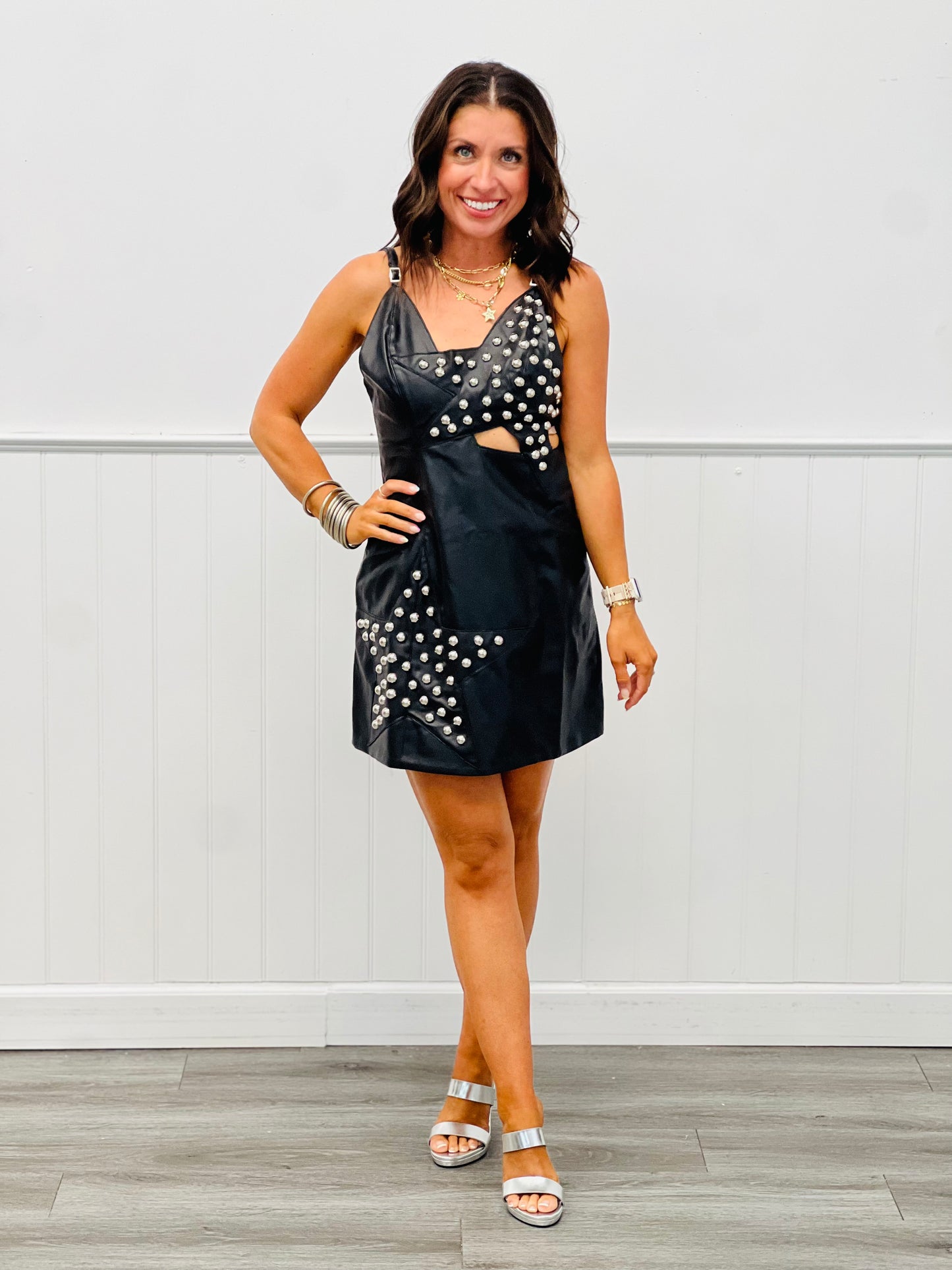 Black Faux Leather Star Studded Mini Dress (Reg.)
