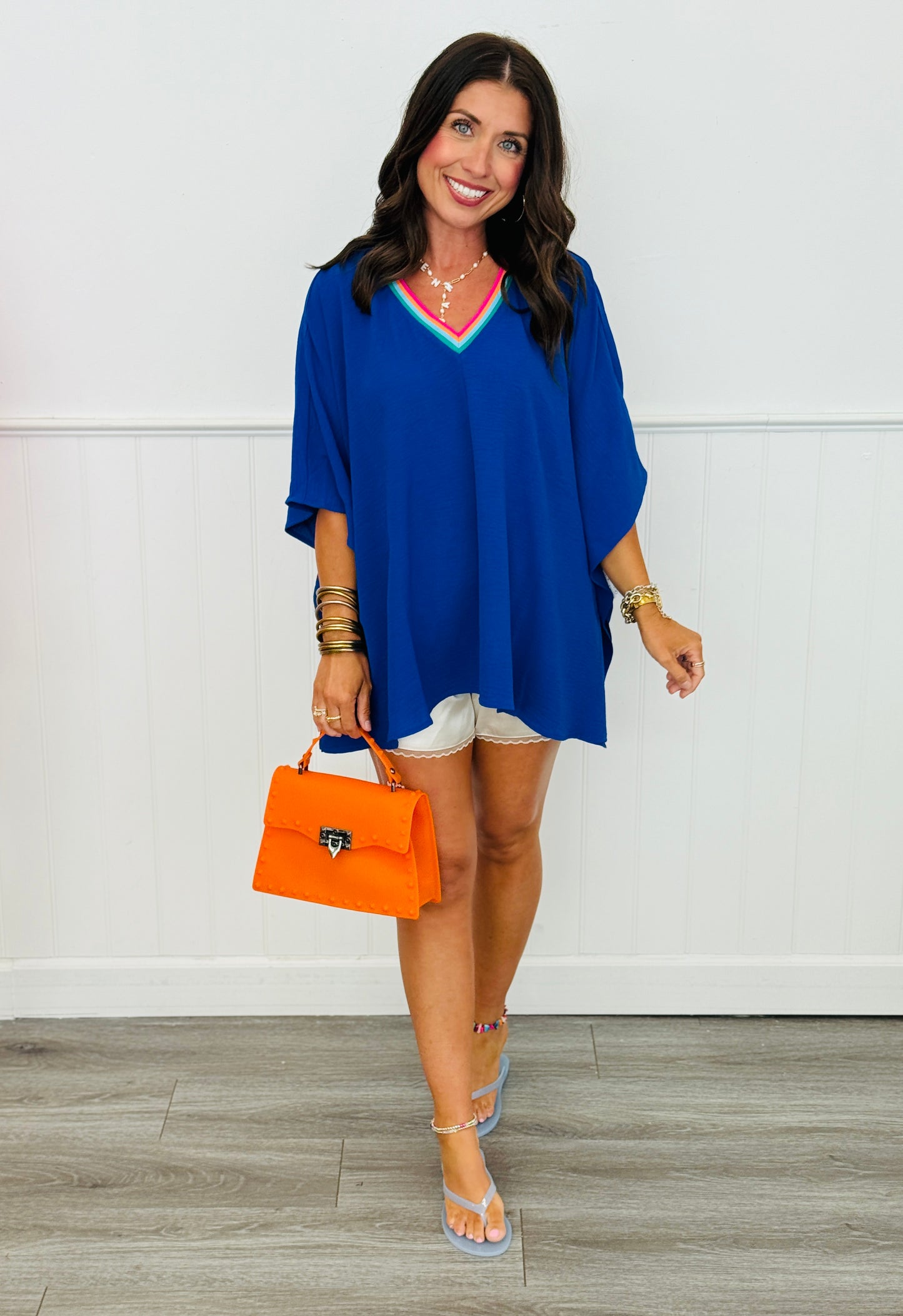 Contrast Neck Batwing Sleeve Top (Reg.) - 2 Colors