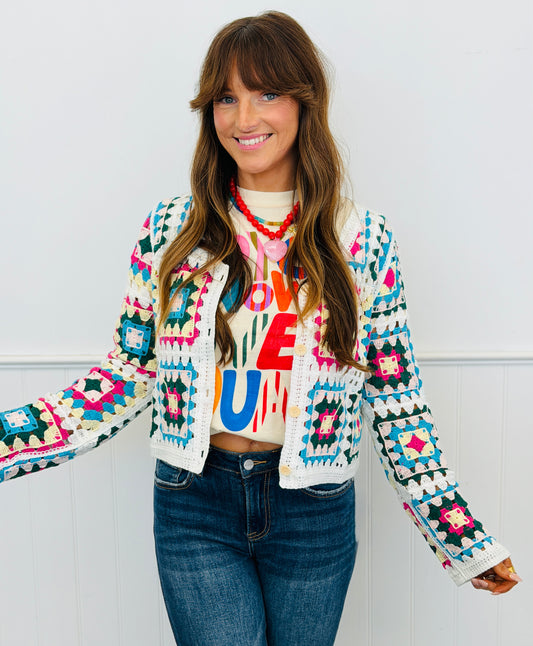 Crochet Squares Button Down Sweater Cardigan (Reg.)