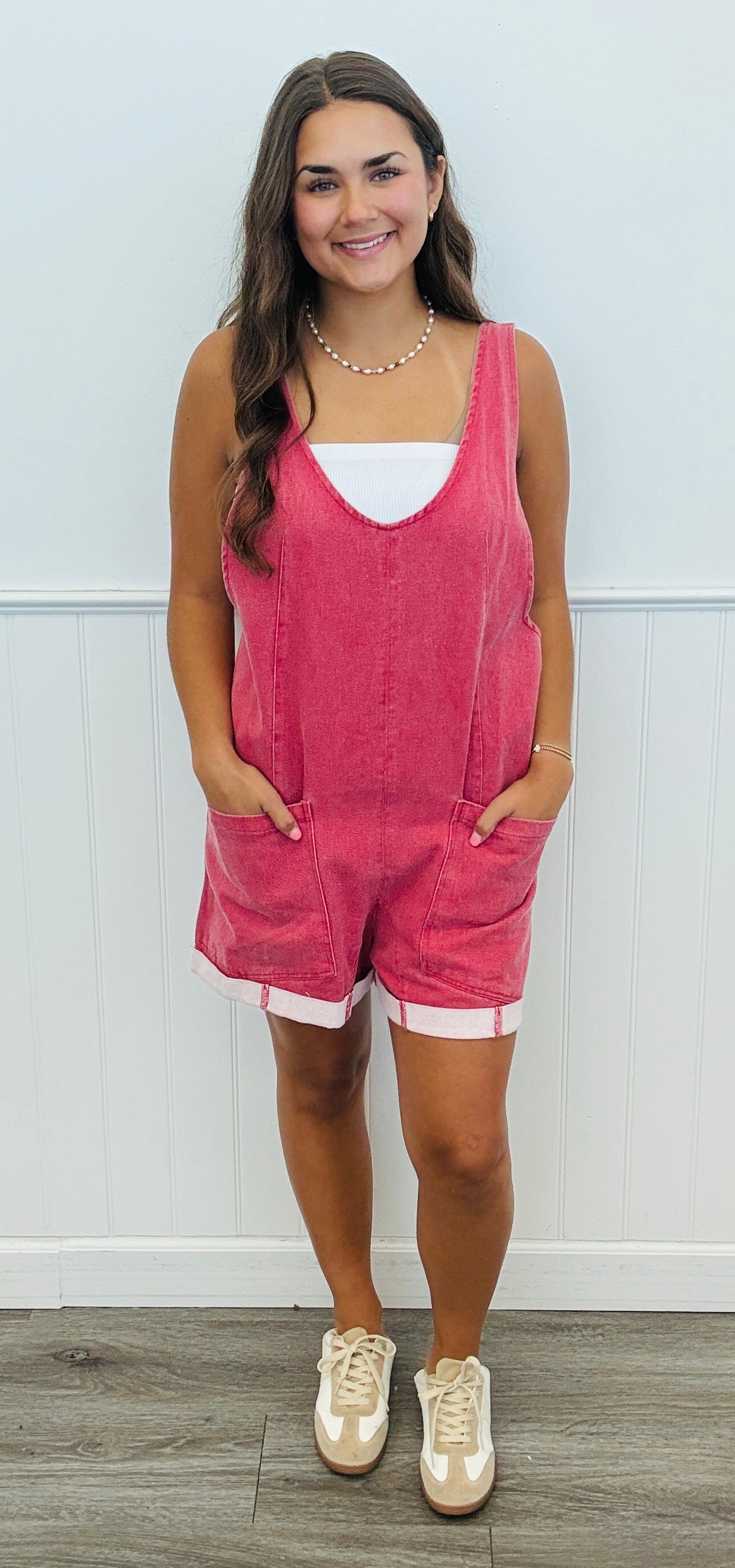 Red V-Neck Pocket Detail Romper (Reg.)
