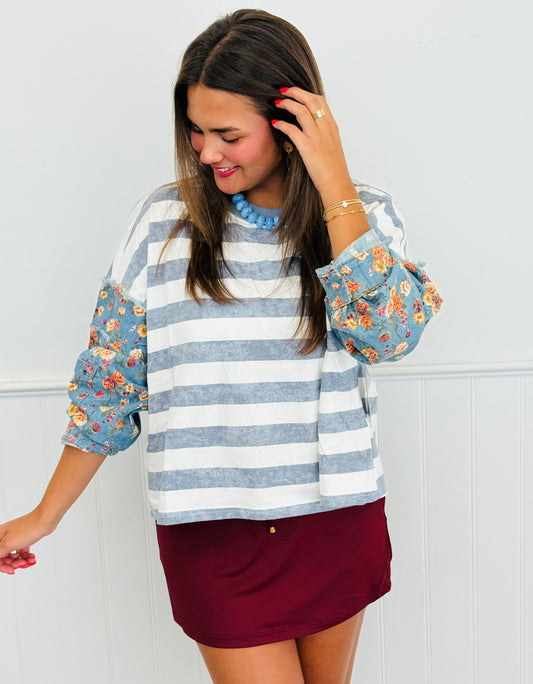 Lt Blue Striped Contrast Floral Sleeve Top (Reg. and Plus)